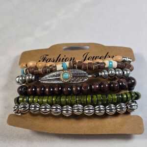 Boho Wood Bead Bracelet Set Stackable Multi Strand Feather Charm Stretch Jewelry